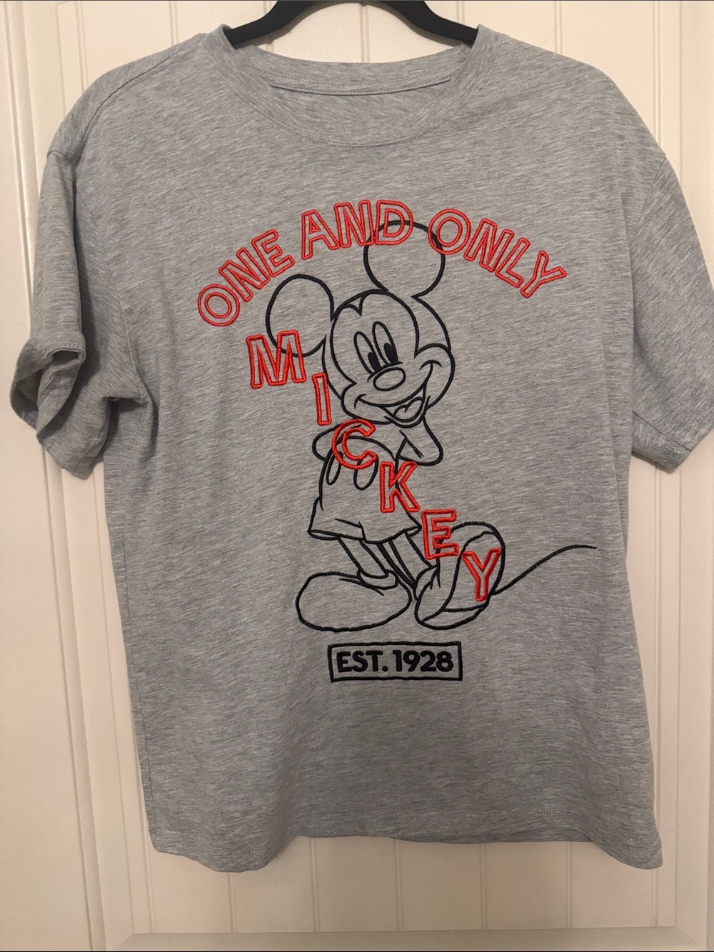 Disney Light Gray Short Sleeve Tee with Black Mickey Outline and Red Text